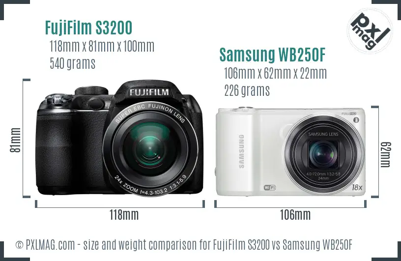 FujiFilm S3200 vs Samsung WB250F size comparison