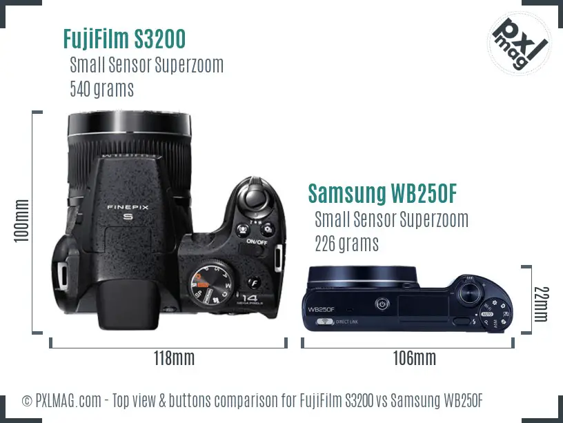 FujiFilm S3200 vs Samsung WB250F top view buttons comparison