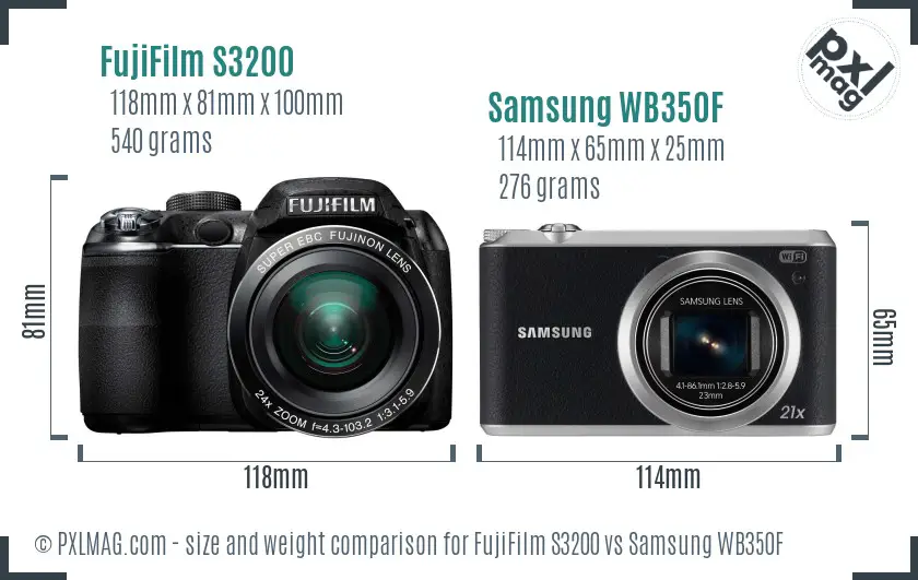 FujiFilm S3200 vs Samsung WB350F size comparison