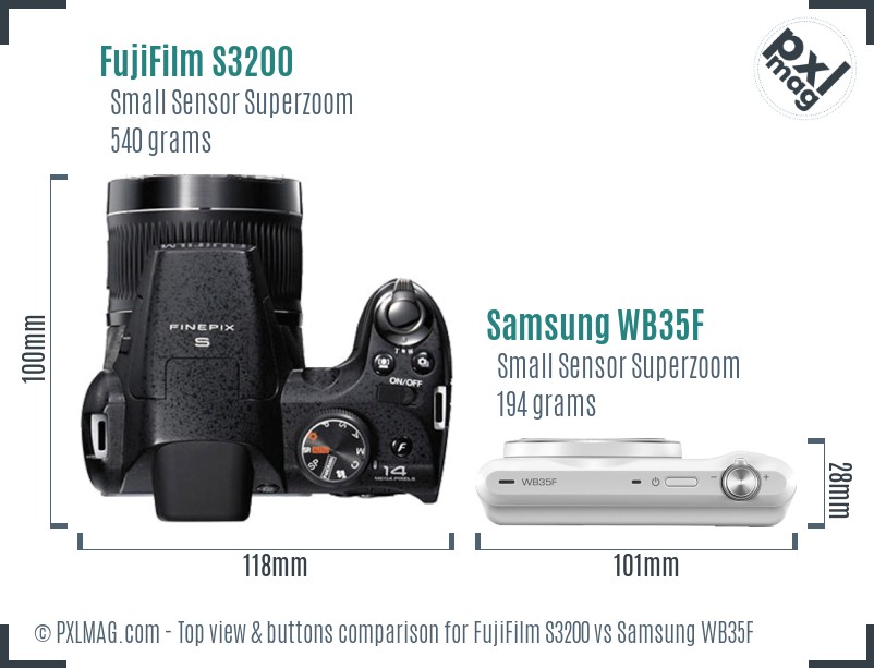FujiFilm S3200 vs Samsung WB35F top view buttons comparison