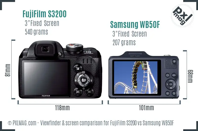 FujiFilm S3200 vs Samsung WB50F Screen and Viewfinder comparison