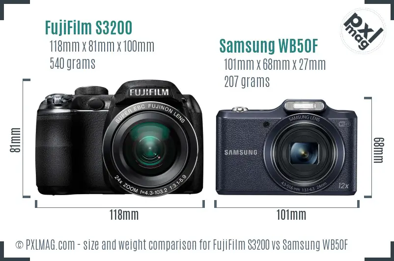 FujiFilm S3200 vs Samsung WB50F size comparison