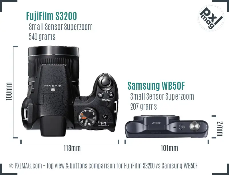 FujiFilm S3200 vs Samsung WB50F top view buttons comparison