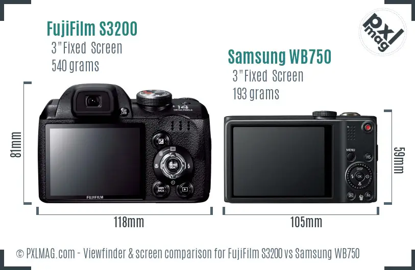 FujiFilm S3200 vs Samsung WB750 Screen and Viewfinder comparison