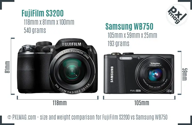 FujiFilm S3200 vs Samsung WB750 size comparison