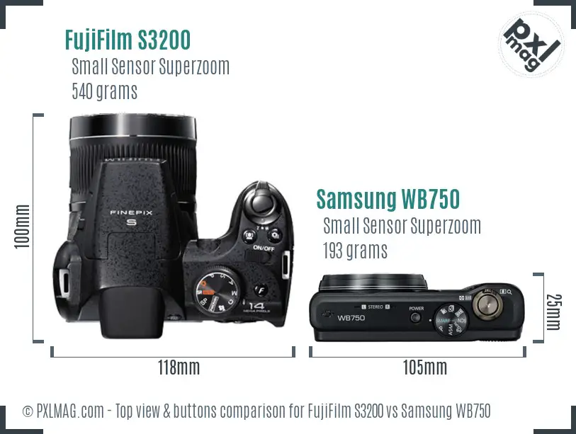 FujiFilm S3200 vs Samsung WB750 top view buttons comparison