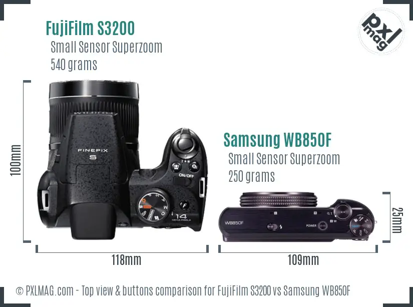 FujiFilm S3200 vs Samsung WB850F top view buttons comparison FujiFilm S3200 vs Samsung WB850F top view buttons comparison