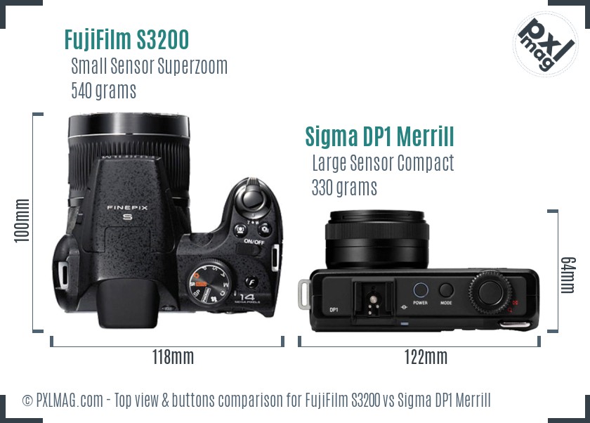 FujiFilm S3200 vs Sigma DP1 Merrill top view buttons comparison