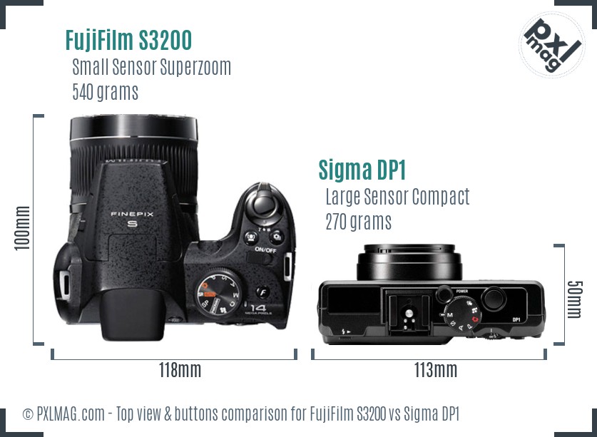 FujiFilm S3200 vs Sigma DP1 top view buttons comparison