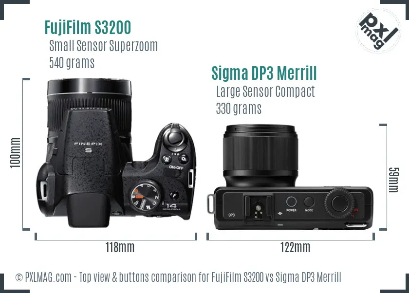 FujiFilm S3200 vs Sigma DP3 Merrill top view buttons comparison