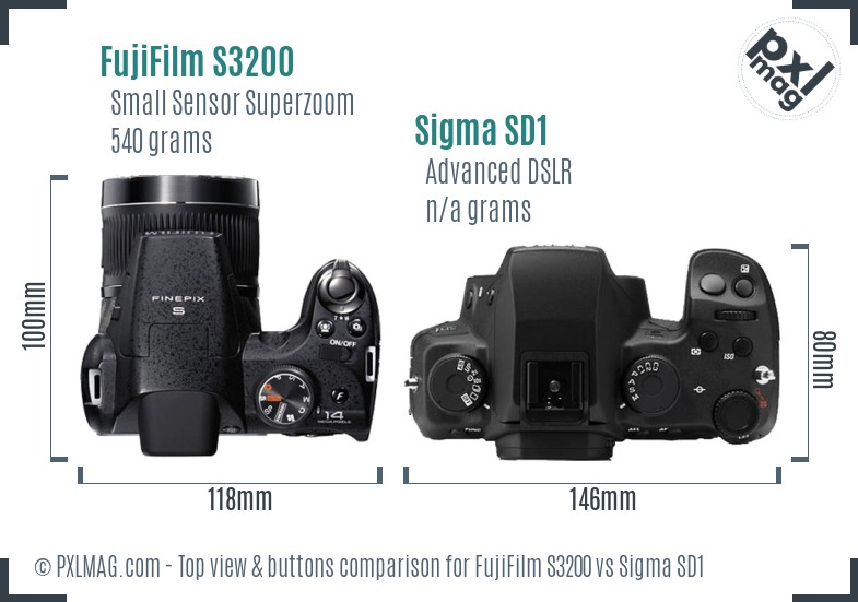 FujiFilm S3200 vs Sigma SD1 top view buttons comparison