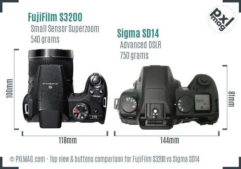 FujiFilm S3200 vs Sigma SD14 top view buttons comparison