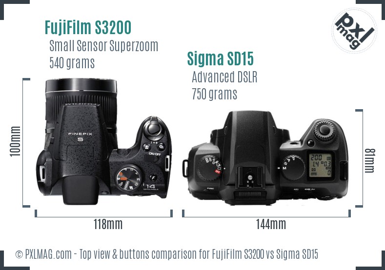 FujiFilm S3200 vs Sigma SD15 top view buttons comparison