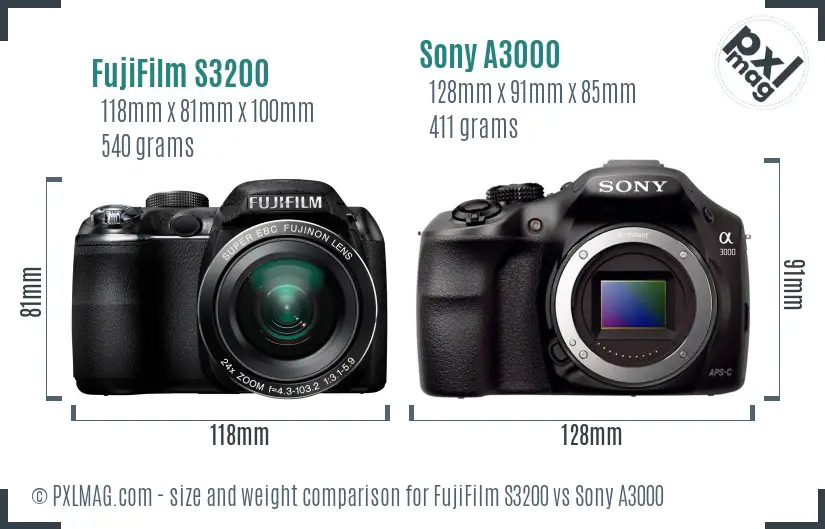 FujiFilm S3200 vs Sony A3000 size comparison FujiFilm S3200 vs Sony A3000 size comparison