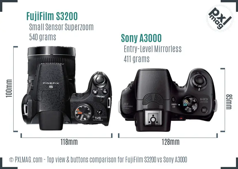 FujiFilm S3200 vs Sony A3000 top view buttons comparison FujiFilm S3200 vs Sony A3000 top view buttons comparison