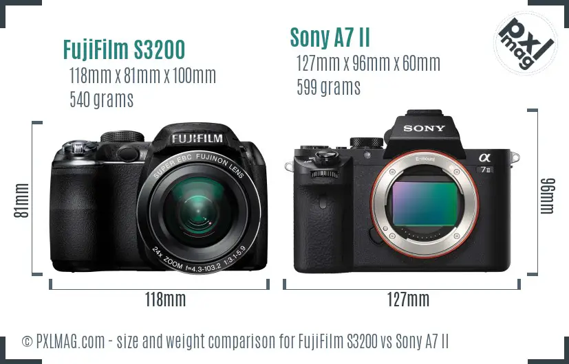 FujiFilm S3200 vs Sony A7 II size comparison