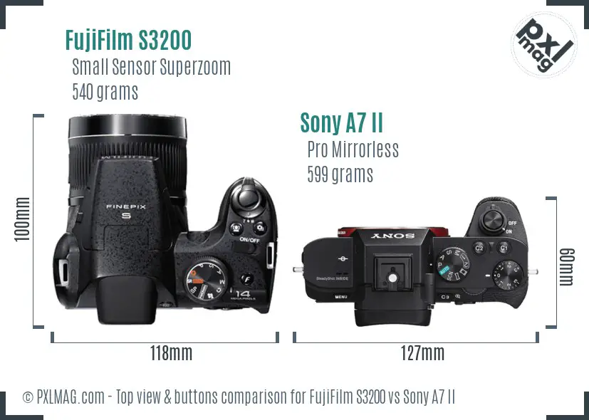 FujiFilm S3200 vs Sony A7 II top view buttons comparison