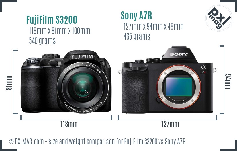 FujiFilm S3200 vs Sony A7R size comparison