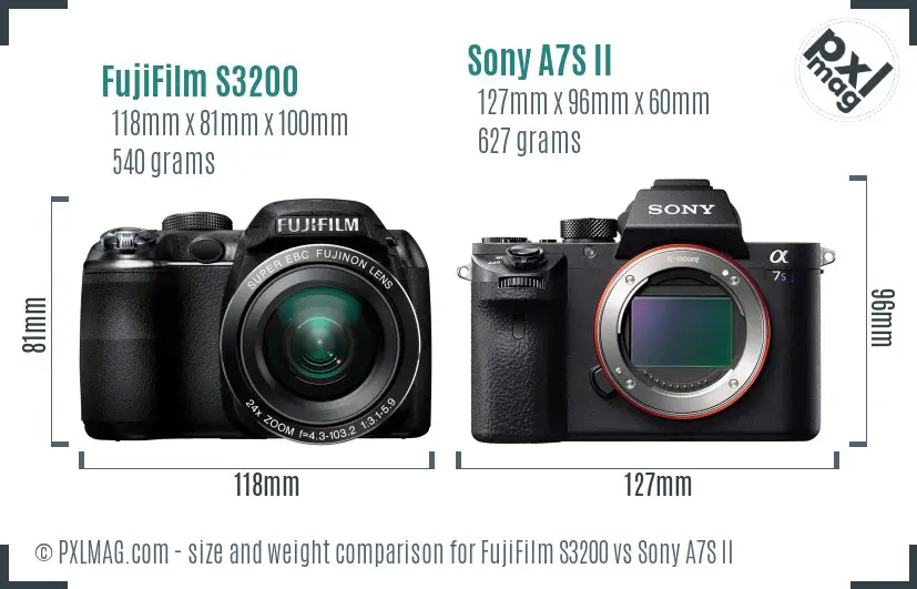 FujiFilm S3200 vs Sony A7S II size comparison