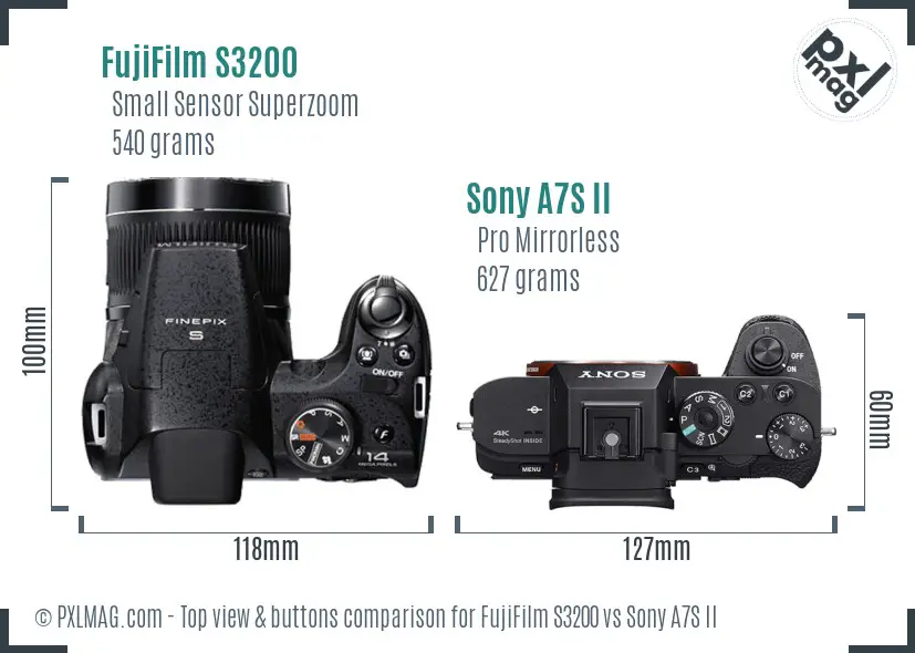 FujiFilm S3200 vs Sony A7S II top view buttons comparison