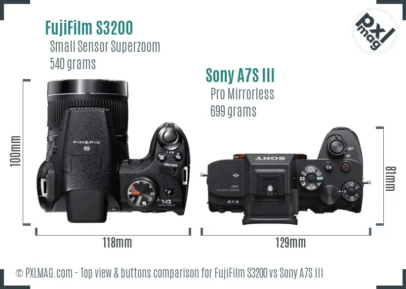 FujiFilm S3200 vs Sony A7S III top view buttons comparison