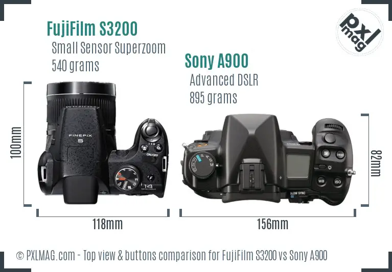 FujiFilm S3200 vs Sony A900 top view buttons comparison FujiFilm S3200 vs Sony A900 top view buttons comparison
