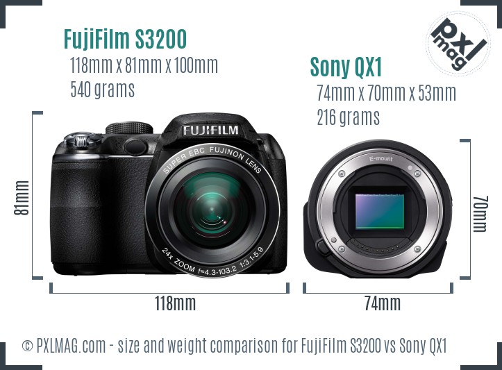 FujiFilm S3200 vs Sony QX1 size comparison FujiFilm S3200 vs Sony QX1 size comparison