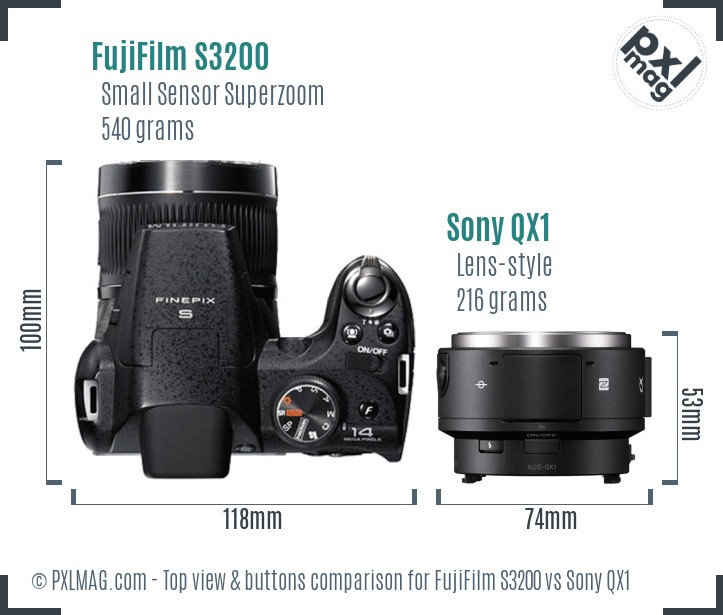 FujiFilm S3200 vs Sony QX1 top view buttons comparison