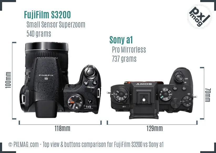 FujiFilm S3200 vs Sony a1 top view buttons comparison FujiFilm S3200 vs Sony a1 top view buttons comparison