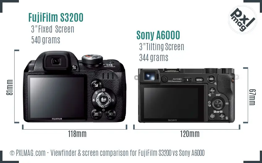 FujiFilm S3200 vs Sony A6000 Screen and Viewfinder comparison FujiFilm S3200 vs Sony A6000 Screen and Viewfinder comparison