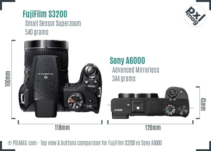 FujiFilm S3200 vs Sony A6000 top view buttons comparison FujiFilm S3200 vs Sony A6000 top view buttons comparison