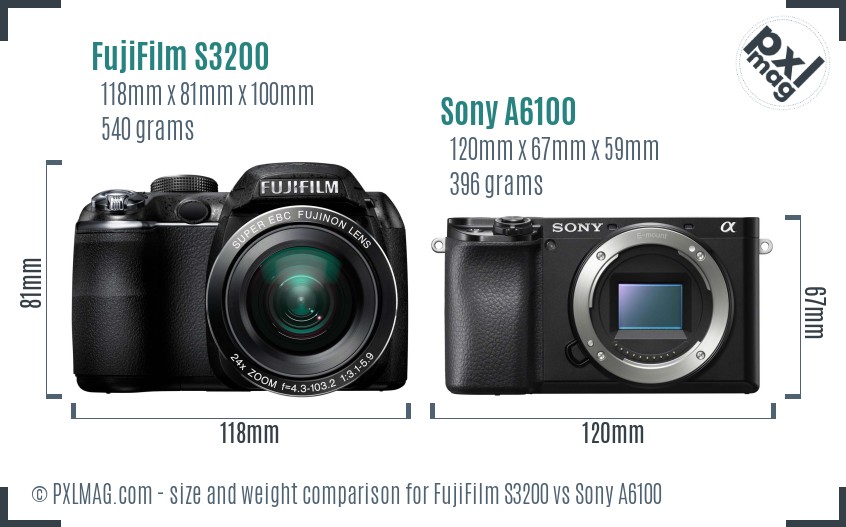 FujiFilm S3200 vs Sony A6100 size comparison