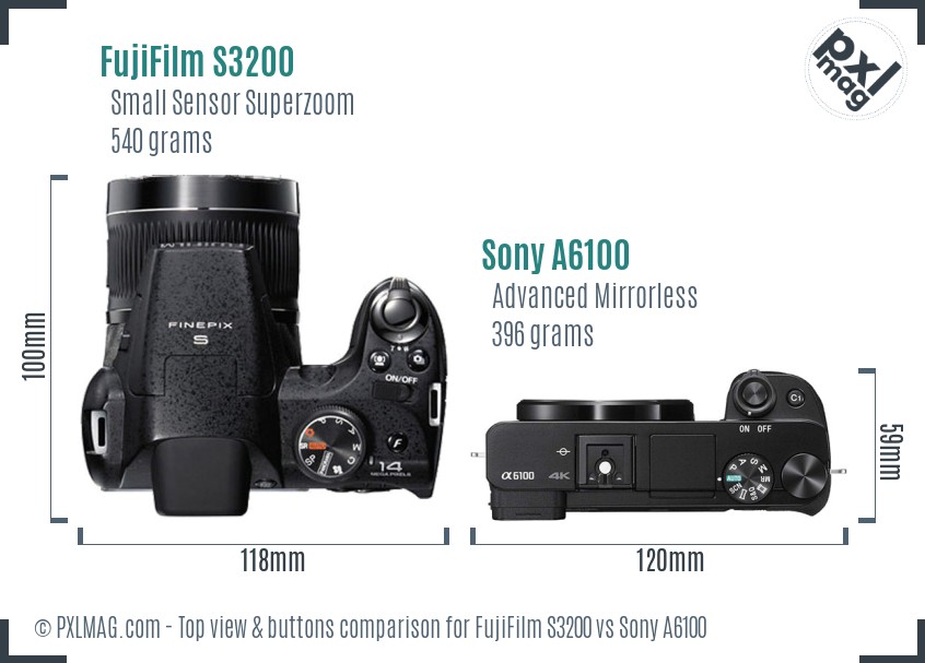 FujiFilm S3200 vs Sony A6100 top view buttons comparison