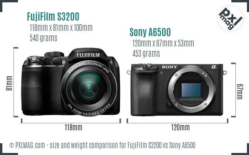 FujiFilm S3200 vs Sony A6500 size comparison