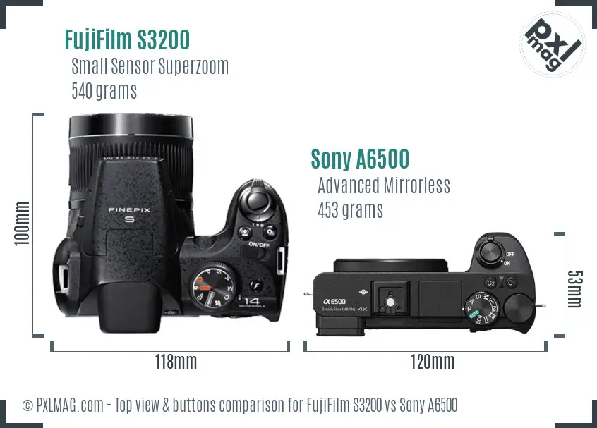FujiFilm S3200 vs Sony A6500 top view buttons comparison