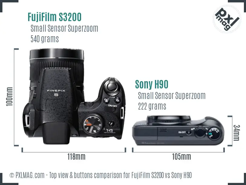 FujiFilm S3200 vs Sony H90 top view buttons comparison FujiFilm S3200 vs Sony H90 top view buttons comparison