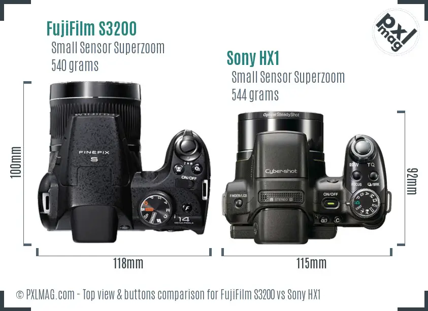 FujiFilm S3200 vs Sony HX1 top view buttons comparison