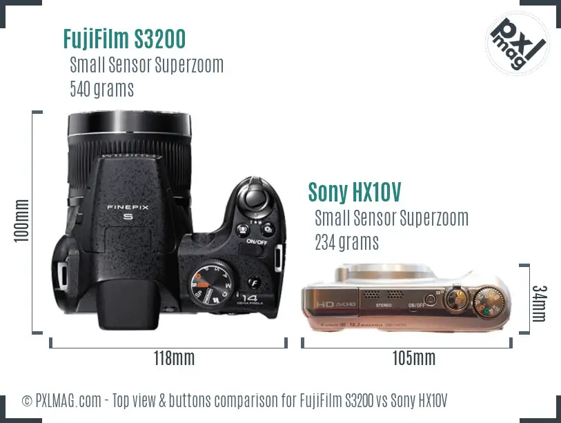 FujiFilm S3200 vs Sony HX10V top view buttons comparison FujiFilm S3200 vs Sony HX10V top view buttons comparison