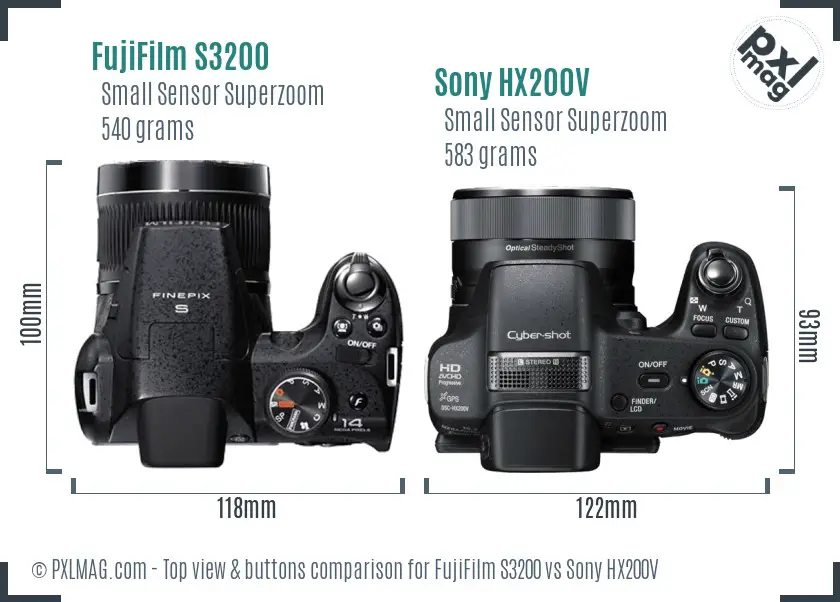 FujiFilm S3200 vs Sony HX200V top view buttons comparison