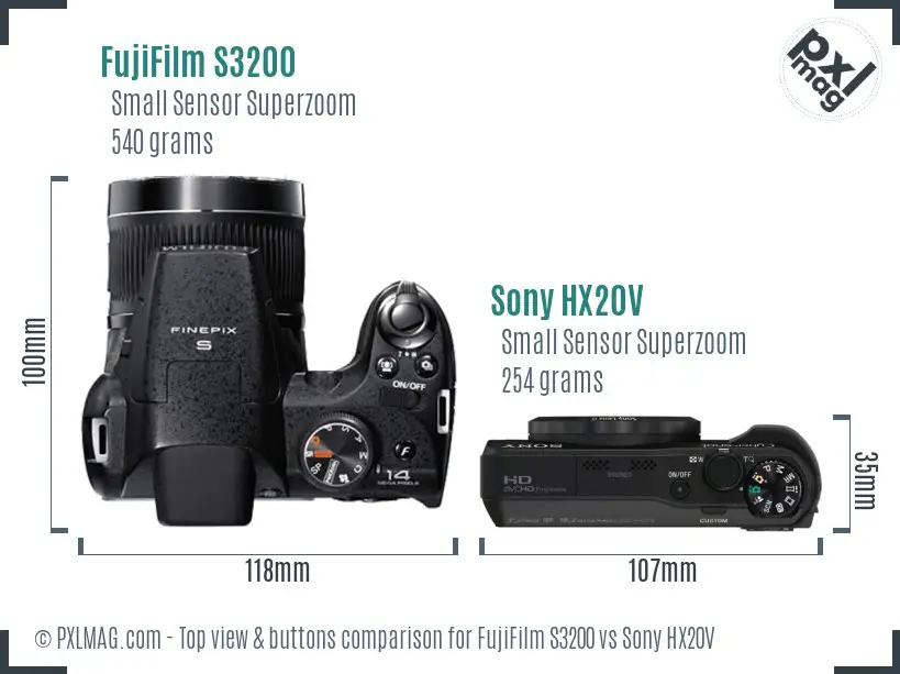 FujiFilm S3200 vs Sony HX20V top view buttons comparison FujiFilm S3200 vs Sony HX20V top view buttons comparison