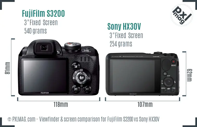 FujiFilm S3200 vs Sony HX30V Screen and Viewfinder comparison