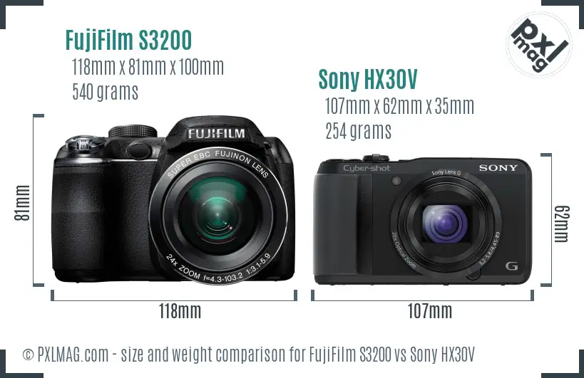 FujiFilm S3200 vs Sony HX30V size comparison