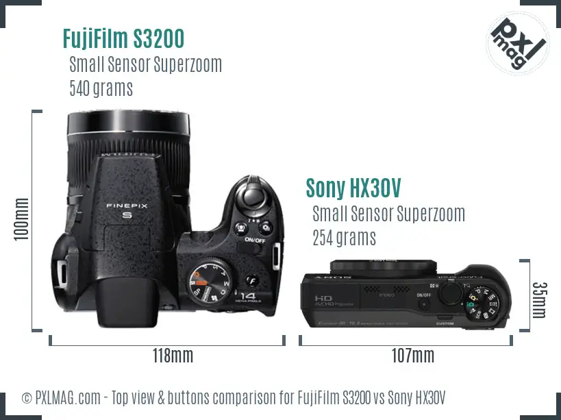 FujiFilm S3200 vs Sony HX30V top view buttons comparison