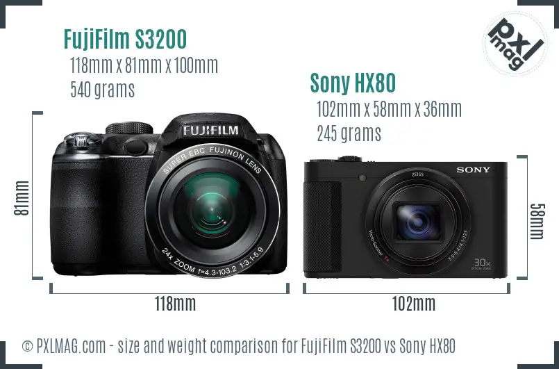 FujiFilm S3200 vs Sony HX80 size comparison