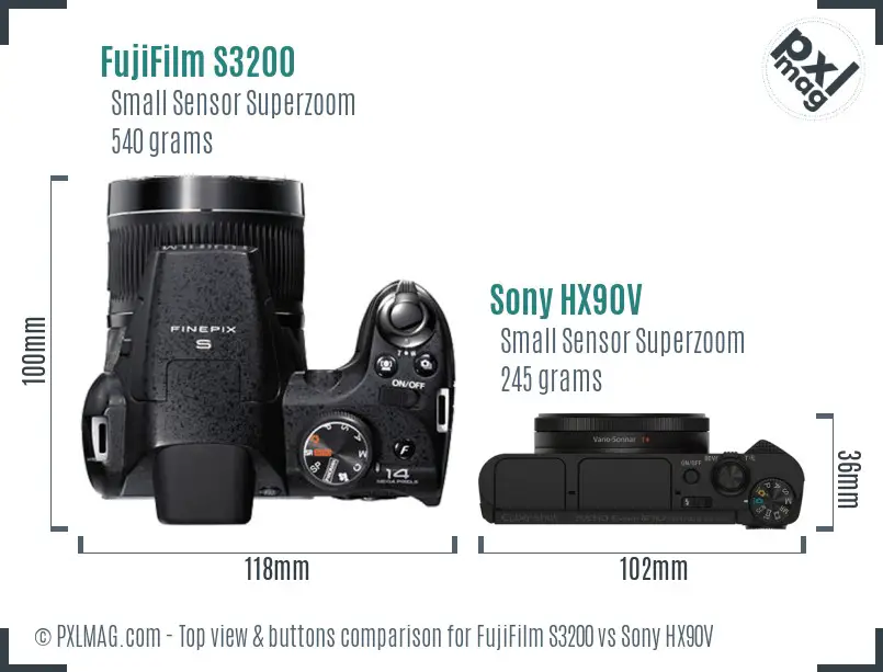 FujiFilm S3200 vs Sony HX90V top view buttons comparison