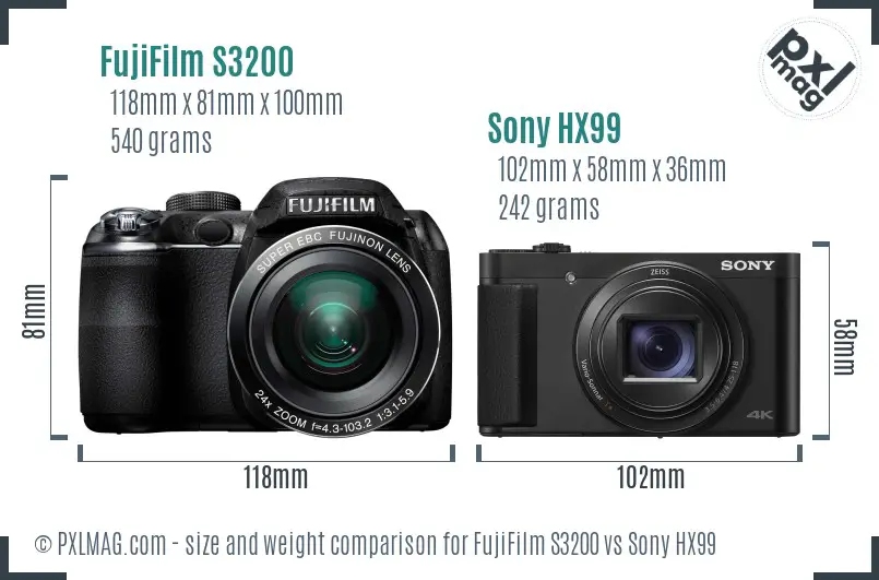 FujiFilm S3200 vs Sony HX99 size comparison