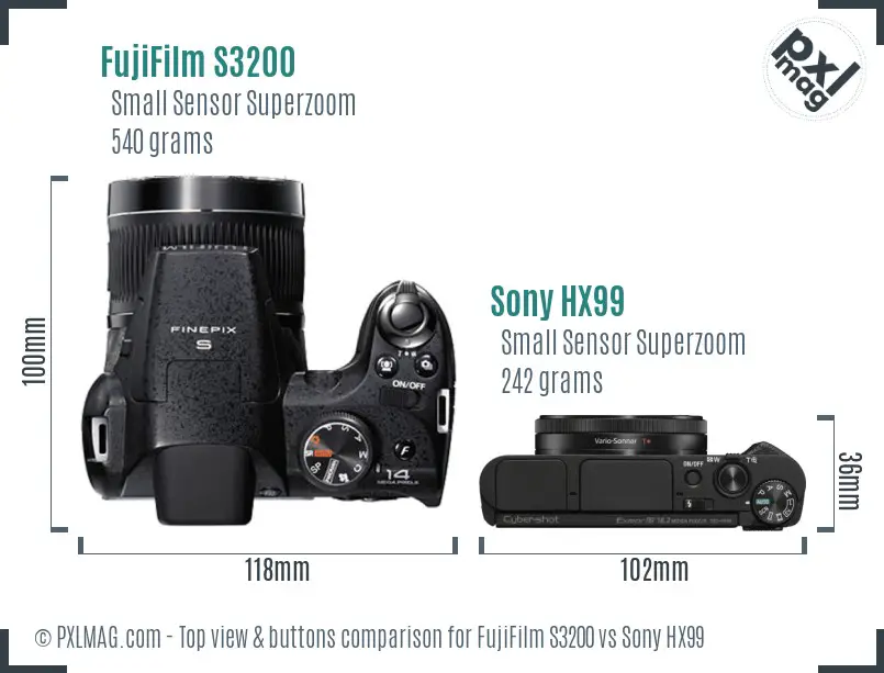 FujiFilm S3200 vs Sony HX99 top view buttons comparison