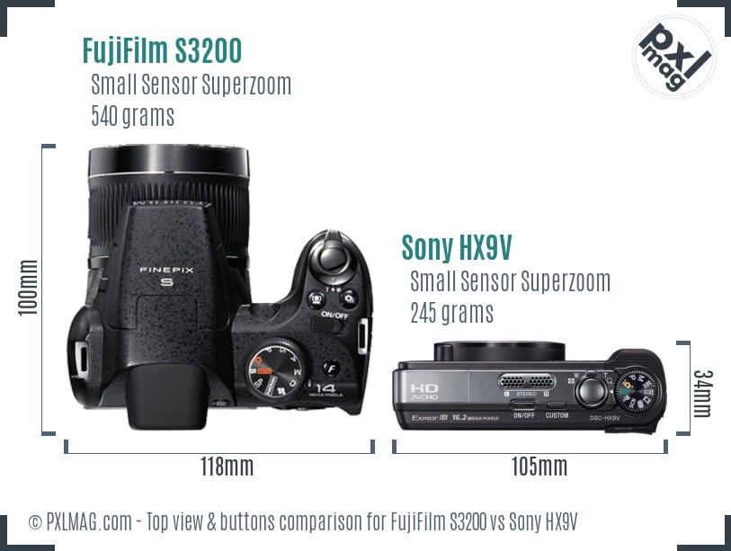 FujiFilm S3200 vs Sony HX9V top view buttons comparison