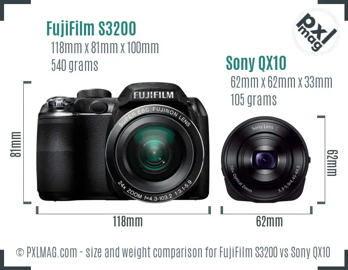 FujiFilm S3200 vs Sony QX10 size comparison
