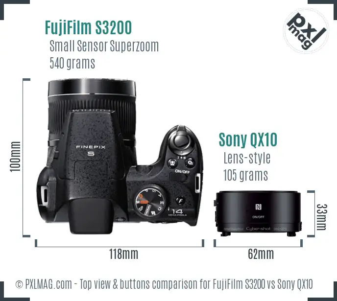 FujiFilm S3200 vs Sony QX10 top view buttons comparison